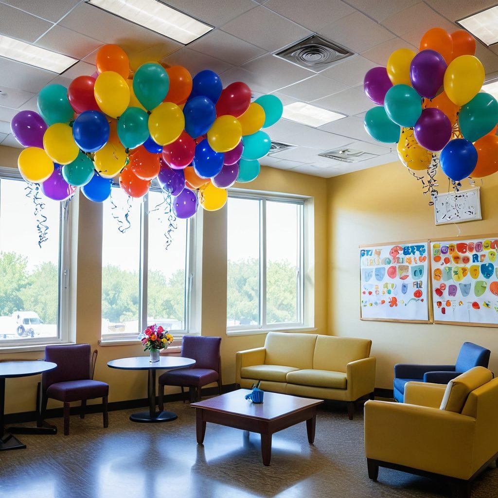 A warm and inviting healthcare environment showcasing a diverse group of smiling healthcare professionals engaging positively with patients. Incorporate elements of joy, such as colorful balloons and uplifting decorations, to symbolize the joyful solutions provided by NHSP. Include visual metaphors of well-being like blooming flowers and sunshine streaming through the windows. Use soft lighting to create a comforting atmosphere. vibrant colors. super-realistic.
