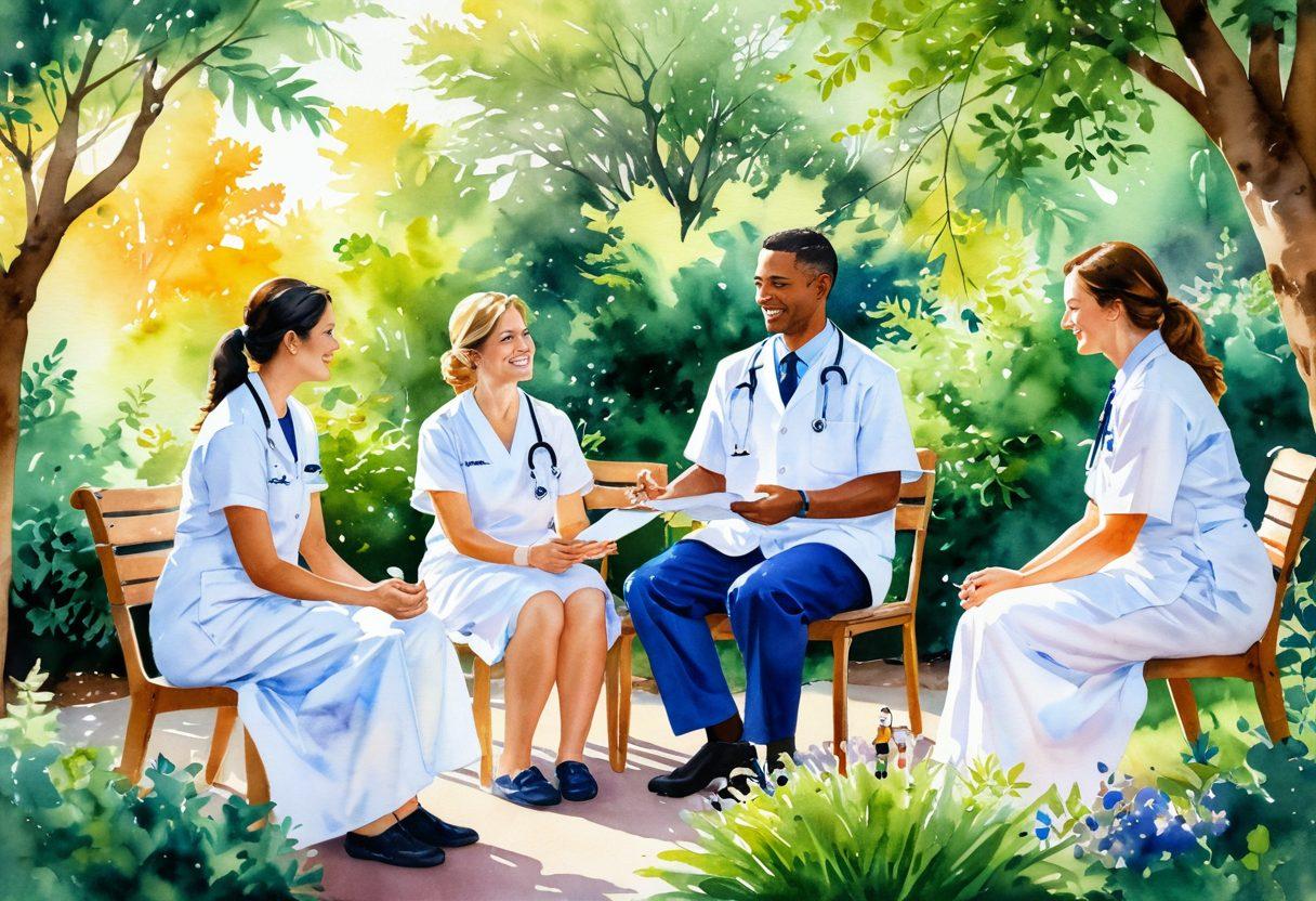 A warm and inviting scene depicting healthcare professionals interacting joyfully with patients, surrounded by greenery and sunshine, showcasing the essence of happiness and well-being. Incorporate elements like smiling faces, gentle touches, and supportive gestures to highlight emotional connections. Use soft, bright colors to evoke positivity and warmth. watercolor painting. vibrant colors. uplifting atmosphere.