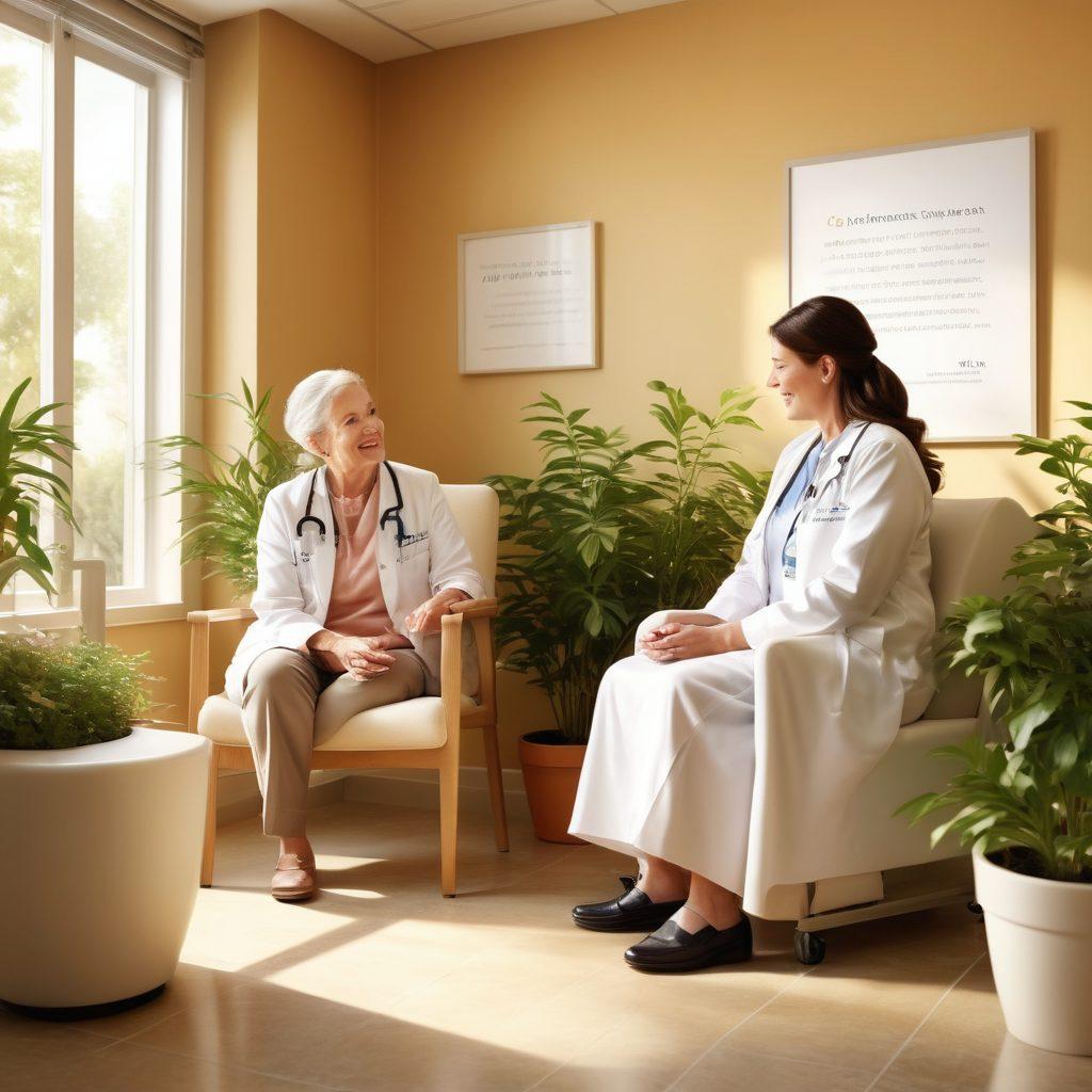 A serene healthcare environment with a compassionate caregiver interacting joyfully with a patient, surrounded by soft natural light, plants symbolizing growth and hope, uplifting quotes subtly displayed in the background. The scene conveys warmth, connection, and healing in healthcare settings. super-realistic. warm colors. bright and inviting.